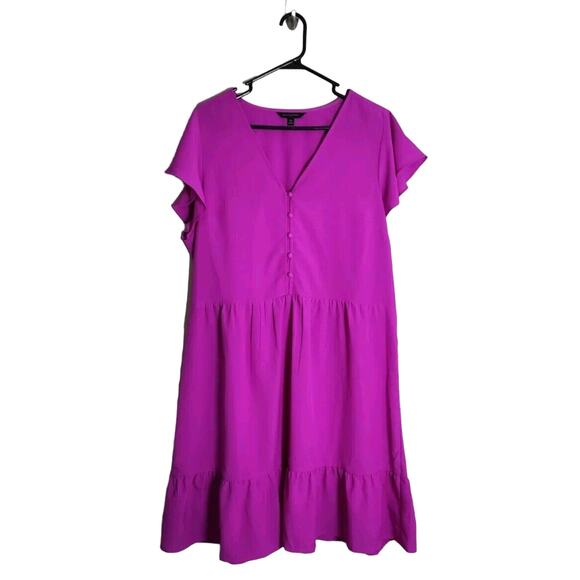 Banana Republic Tiered Fit & Flare Dress Size XL Purple Button Flutter Sleeve - Picture 1 of 6